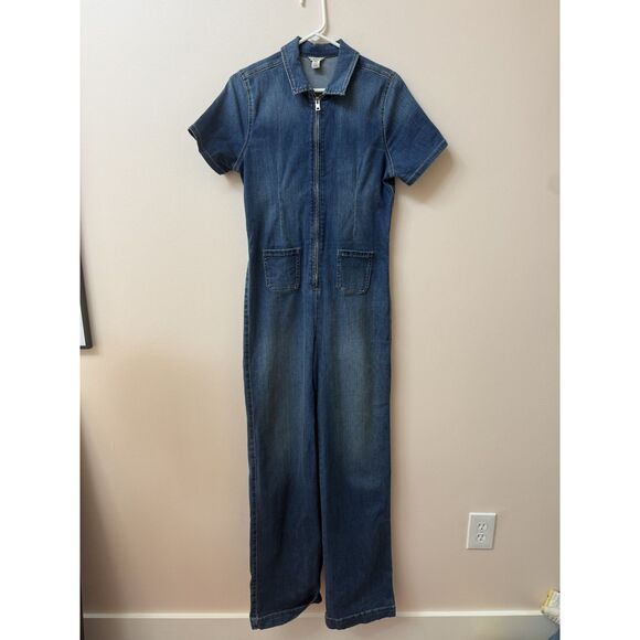 Guess Pants - Guess Short Sleeve Zipper Front Denim Wide Leg Jumpsuit Vintage Style L